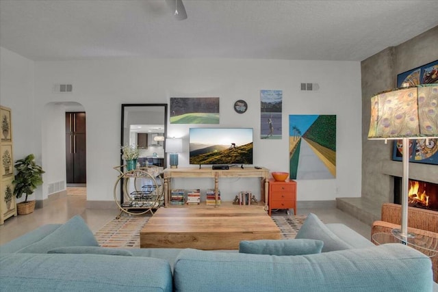 living room with a fireplace