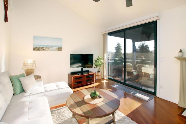 living room featuring ceiling fan and wood-type flooring