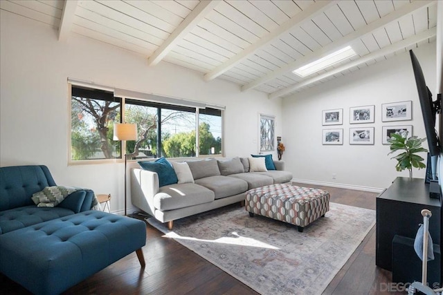 living room featuring wood ceiling, dark hardwood / wood-style floors, and vaulted ceiling with skylight