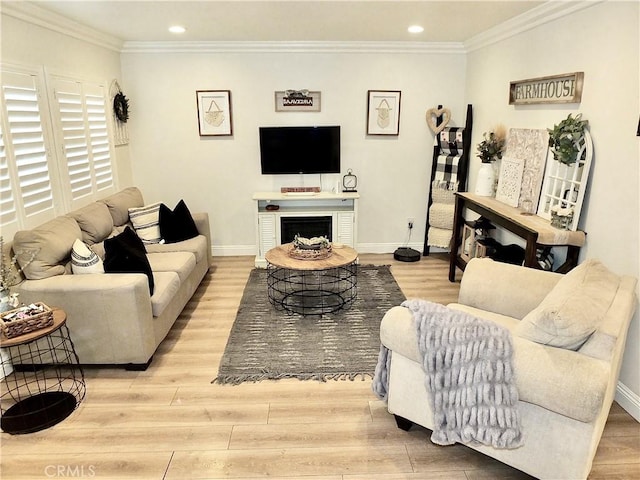 living room with light wood-type flooring and crown molding