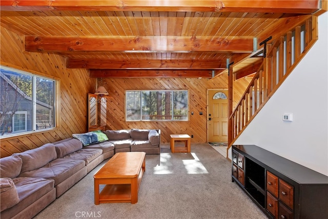 living room featuring beamed ceiling, a healthy amount of sunlight, and light colored carpet