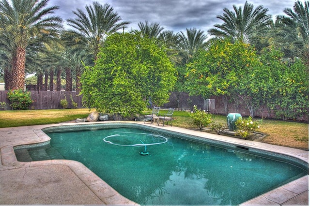 view of swimming pool featuring a yard