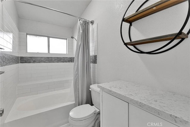 bathroom with toilet and shower / bath combination with curtain