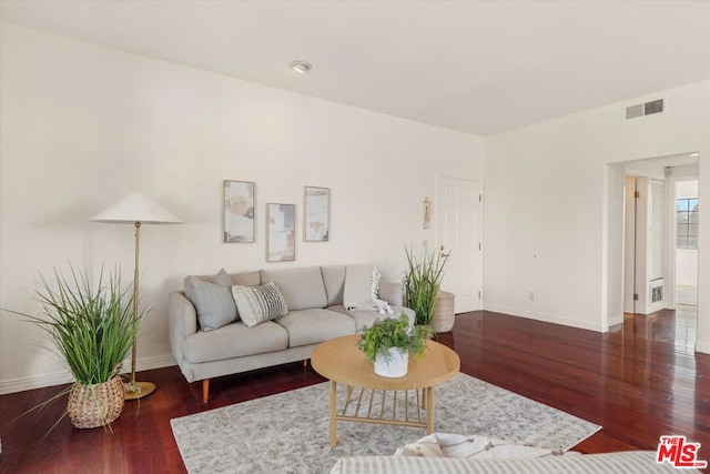 living room featuring dark wood-type flooring