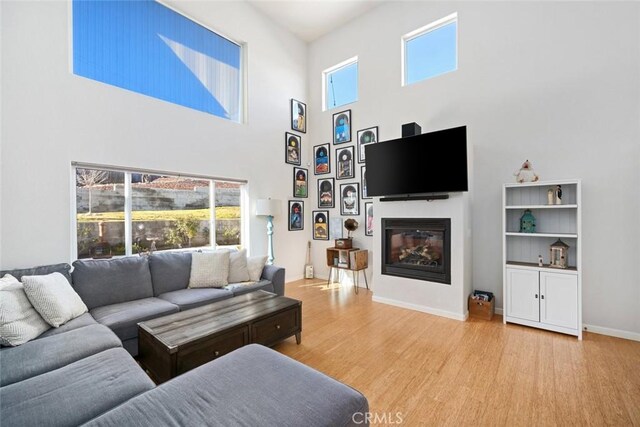 living room featuring light hardwood / wood-style flooring and a high ceiling