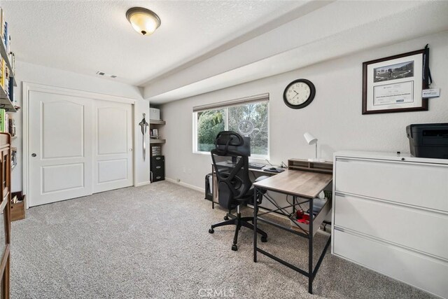 carpeted office space with a textured ceiling