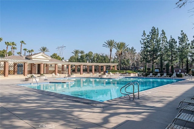 view of swimming pool with a patio and a pergola