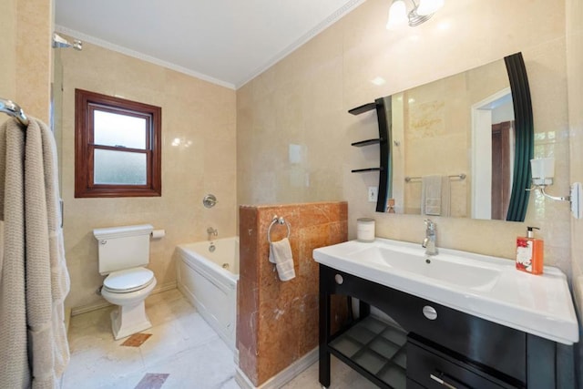 bathroom with ornamental molding, vanity, tile walls, and a washtub