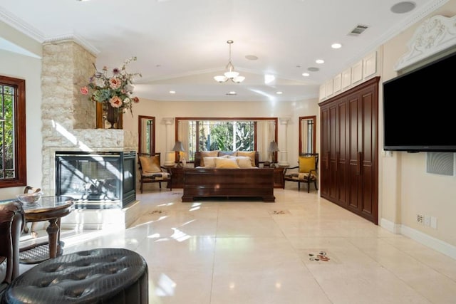 interior space with crown molding, a large fireplace, a chandelier, and vaulted ceiling