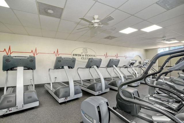 gym featuring ceiling fan and a drop ceiling