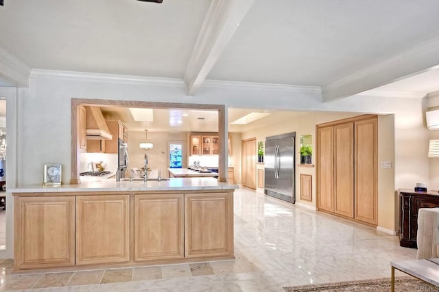 kitchen with premium range hood, sink, ornamental molding, kitchen peninsula, and stainless steel appliances