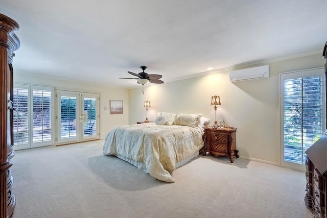 carpeted bedroom with access to exterior, crown molding, a wall mounted AC, and ceiling fan