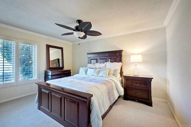 bedroom with multiple windows, ornamental molding, light carpet, and ceiling fan