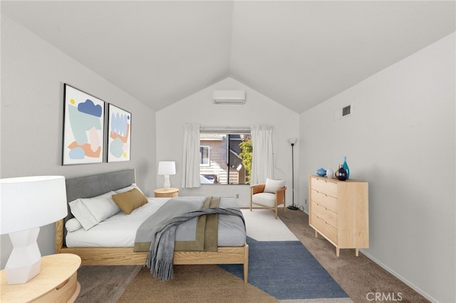 bedroom featuring carpet, a wall mounted AC, and vaulted ceiling