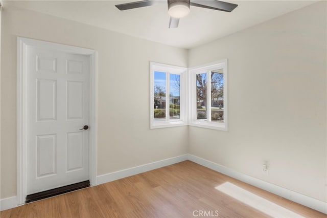 spare room featuring ceiling fan and light hardwood / wood-style floors