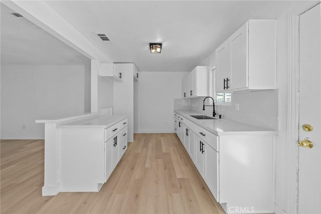 kitchen featuring sink, tasteful backsplash, white cabinets, kitchen peninsula, and light wood-type flooring