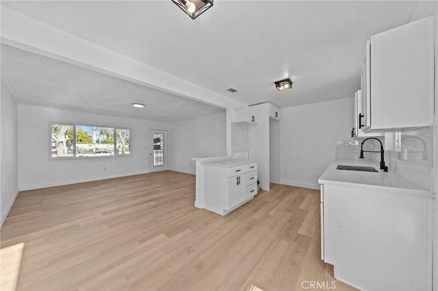 kitchen featuring sink, decorative backsplash, light hardwood / wood-style floors, and white cabinets