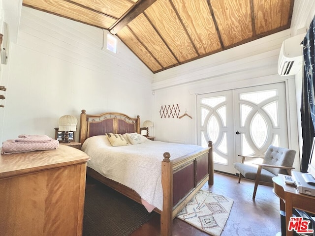 bedroom featuring hardwood / wood-style floors, a wall unit AC, high vaulted ceiling, and wooden ceiling