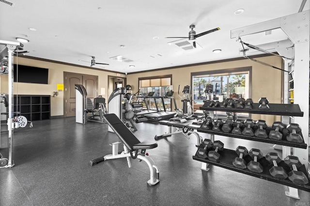 workout area featuring ceiling fan and ornamental molding