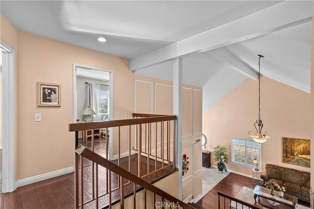 20566 Alaminos Dr, Saugus, CA 91350 - hall with dark wood finished floors, an upstairs landing, baseboards, and recessed lighting