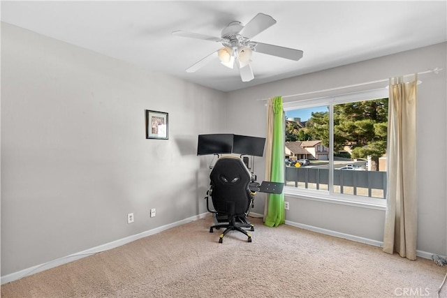 office space featuring ceiling fan and carpet