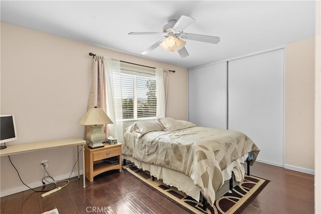 bedroom featuring a closet, ceiling fan, and dark wood-type flooring