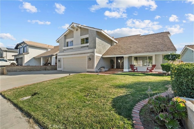 20566 Alaminos Dr, Saugus, CA 91350 - traditional-style house featuring stucco siding, a garage, a front yard, and concrete driveway