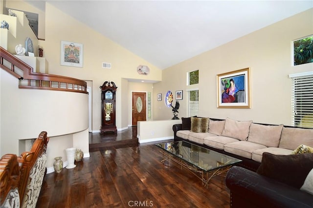 living room with high vaulted ceiling and dark hardwood / wood-style floors