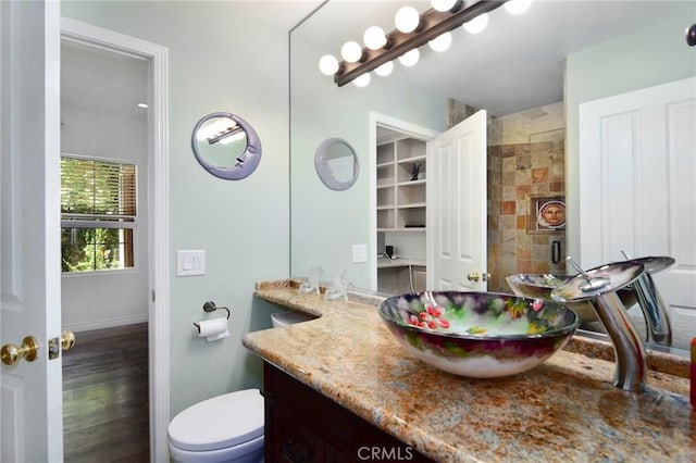 bathroom with wood-type flooring, toilet, and vanity