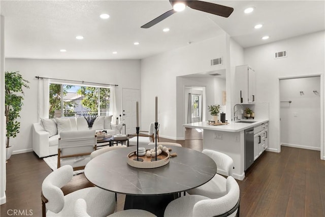 dining area with vaulted ceiling, sink, ceiling fan, and dark hardwood / wood-style floors