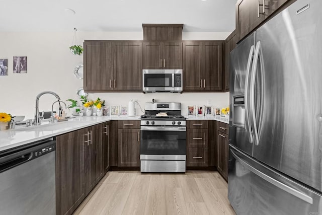 kitchen with sink, dark brown cabinets, light hardwood / wood-style floors, and stainless steel appliances