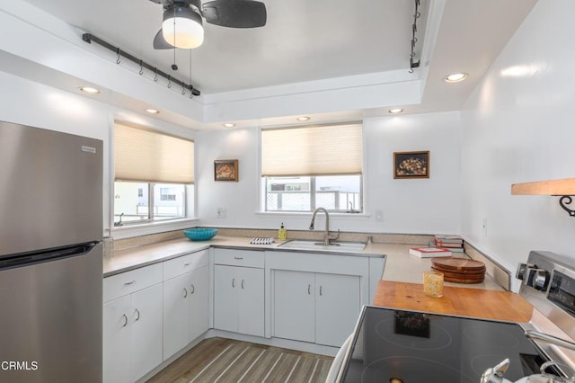 kitchen featuring light hardwood / wood-style floors, sink, appliances with stainless steel finishes, and ceiling fan