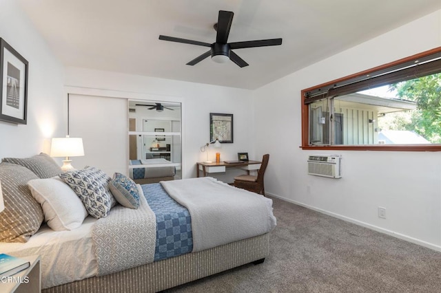 bedroom featuring a wall mounted AC, carpet floors, and ceiling fan