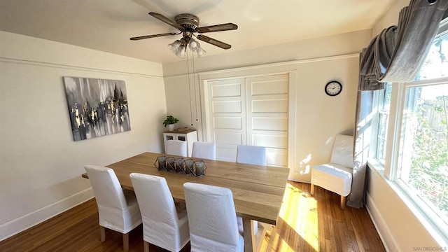 dining room with dark hardwood / wood-style floors and ceiling fan