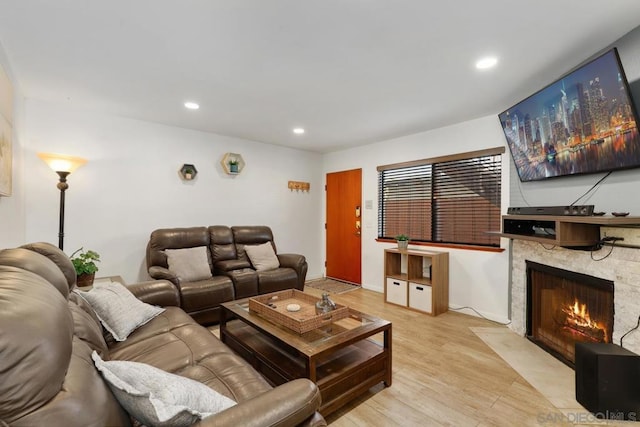 living room featuring a fireplace and light wood-type flooring