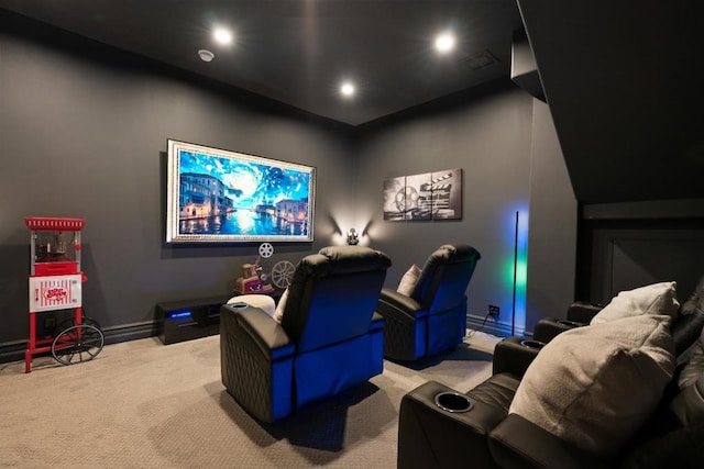 home theater featuring light carpet