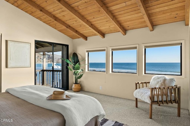 carpeted bedroom featuring wooden ceiling, a water view, vaulted ceiling with beams, and access to outside