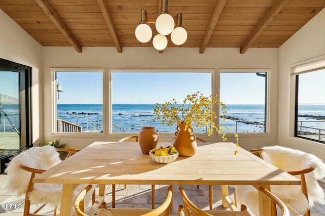 dining room featuring a water view and wooden ceiling