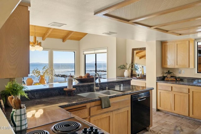 kitchen featuring wood ceiling, black dishwasher, light brown cabinetry, sink, and a water view