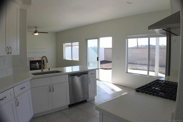 kitchen with sink, stainless steel dishwasher, white cabinets, and plenty of natural light