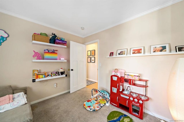 playroom with crown molding and carpet floors