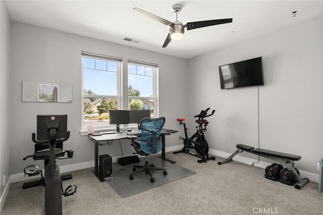 office area with ceiling fan and light colored carpet