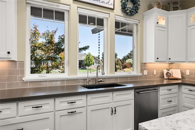 kitchen featuring stainless steel dishwasher, sink, backsplash, and white cabinets