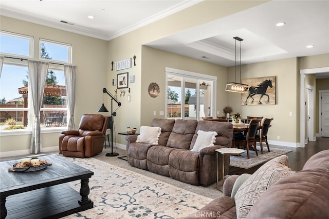 living room featuring a wealth of natural light, a raised ceiling, and crown molding