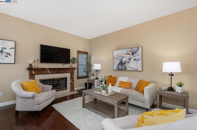 living room with a fireplace and dark hardwood / wood-style flooring