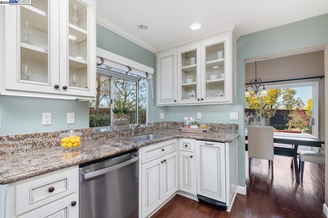 kitchen with sink, dishwasher, dark hardwood / wood-style floors, light stone counters, and white cabinets