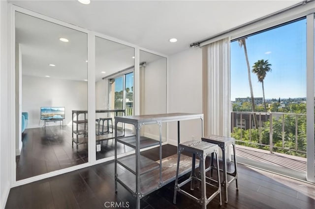 dining space with dark hardwood / wood-style flooring and a wall of windows