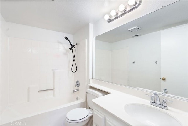 full bathroom with washtub / shower combination, toilet, and vanity