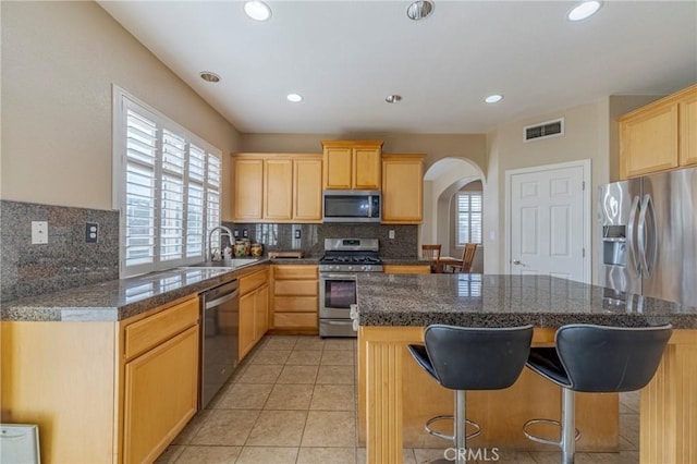 kitchen featuring tasteful backsplash, light brown cabinetry, a wealth of natural light, and stainless steel appliances