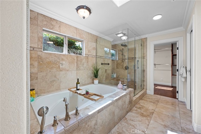 bathroom featuring independent shower and bath and crown molding